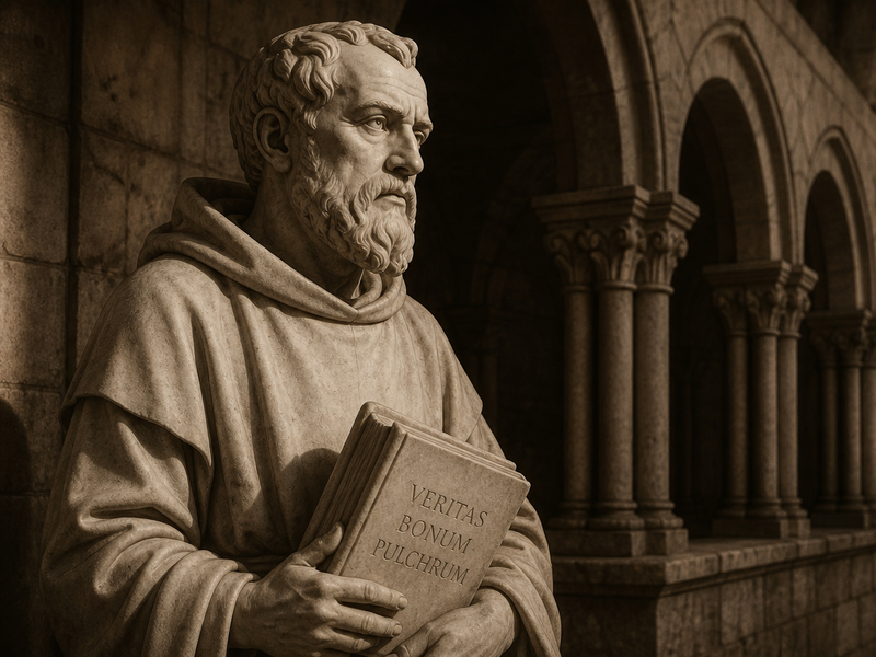 Estátua de mármore de um frade medieval segurando um livro