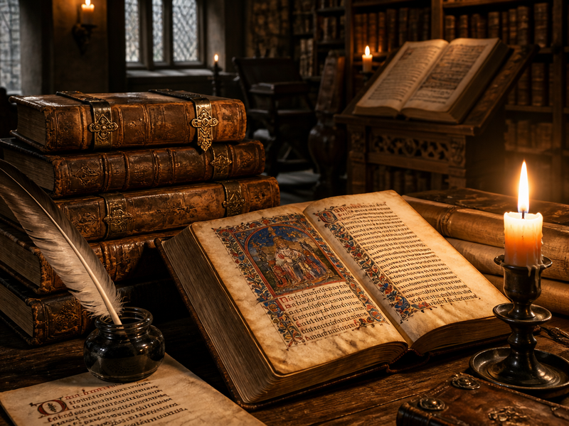 Manuscritos iluminados e livros antigos em biblioteca de mosteiro