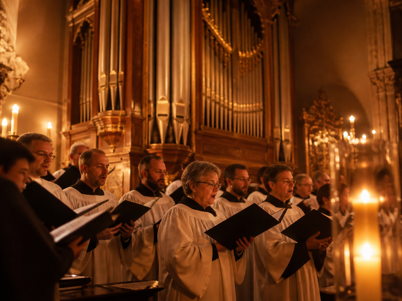 Coro cantando em uma basílica iluminada por velas